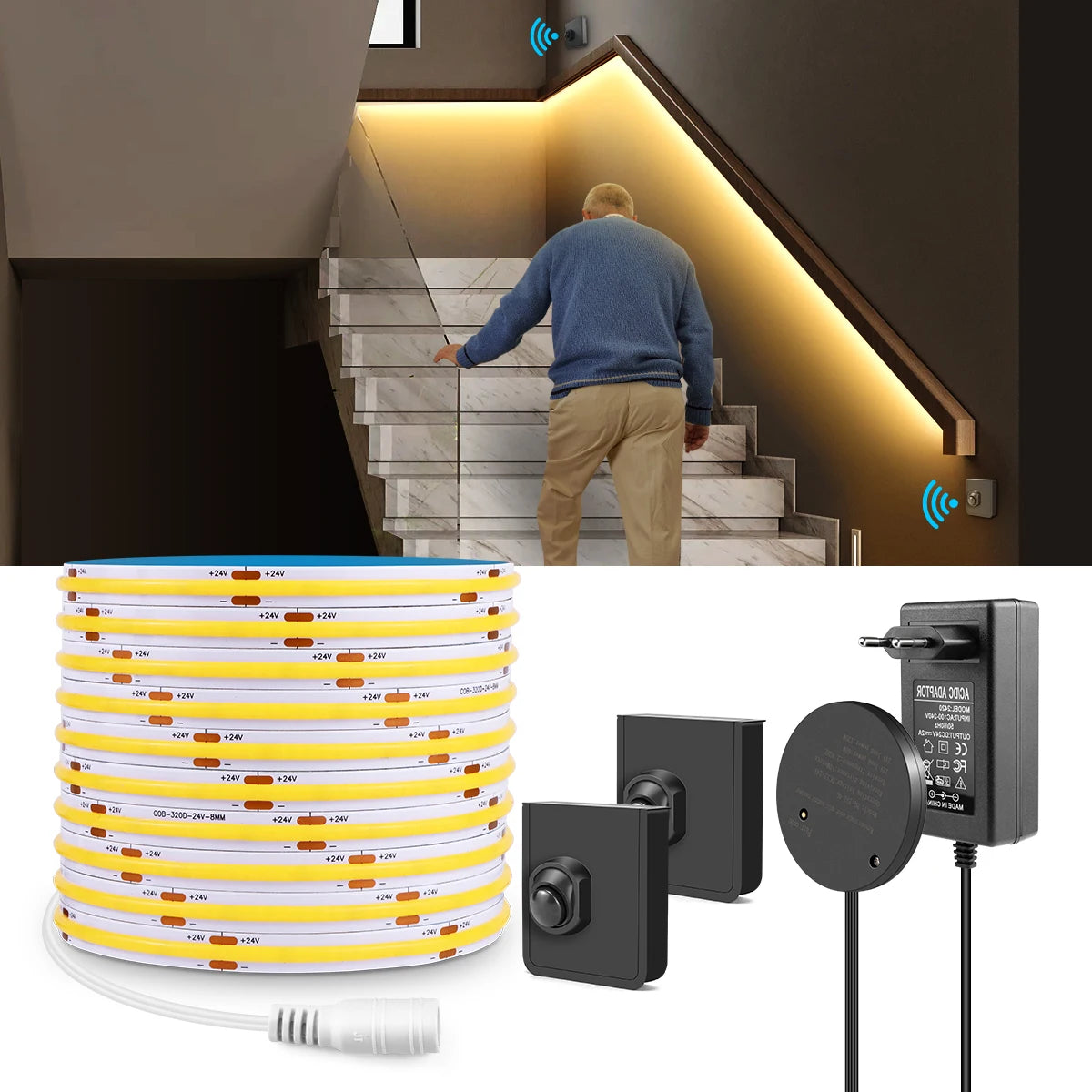 Movable Sensing PIR Motion Sensor LED Strip Lights 24V COB LED Lamp Diode Tape with RF Reciever for Stairs Living Room Lighting