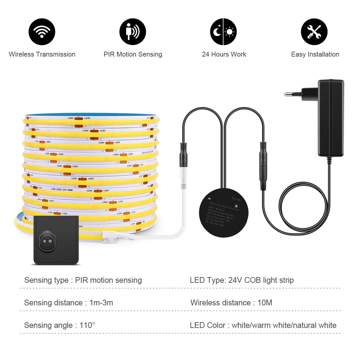 Movable Sensing PIR Motion Sensor LED Strip Lights 24V COB LED Lamp Diode Tape with RF Reciever for Stairs Living Room Lighting
